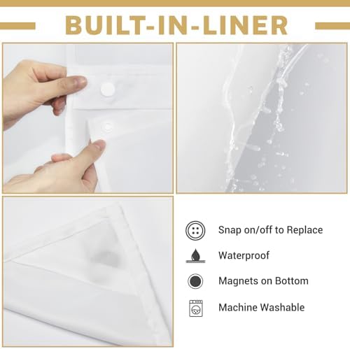 WONICY No Hook Small Shower Curtain with Snap-in Liner, White, 36 x 74