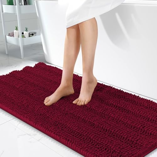 OLANLY Thick Bathroom Runner Rugs 47x24, Soft Chenille Bath Rugs, Burgundy