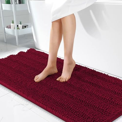 OLANLY Thick Bathroom Runner Rugs 47x24, Soft Chenille Bath Rugs, Burgundy