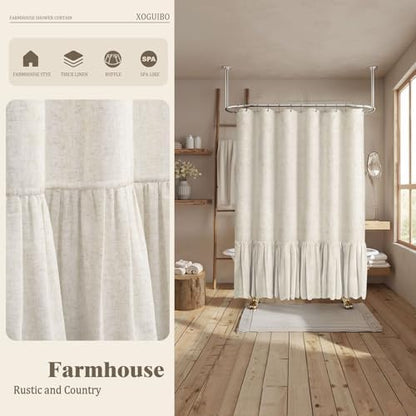 Farmhouse Shower Curtain Ruffle Linen Flax Ivory White 72"W x 72"L