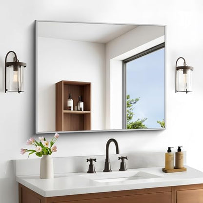 DESBING 30" x 30"Bathroom Mirror, Silver Rectangle Corner Wall Mirror with Metal Frame, Decorative Rectangular Vanity Mirror for Bedroom Bathroom Living Room Entryway (Horizontal/Vertical)