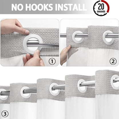 No Hook Shower Curtain with Liner Set Hotel Waffle Light Grey 72W X 75L