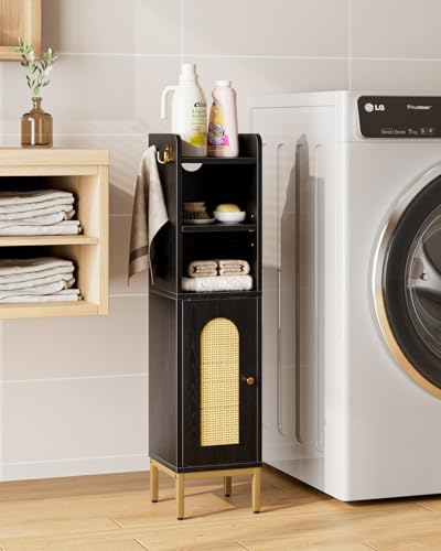 Bathroom Storage Cabinet, Small Corner Floor Hutch with 2Hooks,Narrow Toilet Paper Cabinet with Rattan Door,Bathroom Organizer with Adjustable Shelf, for Small Spaces(Classic-Rattan, Black)