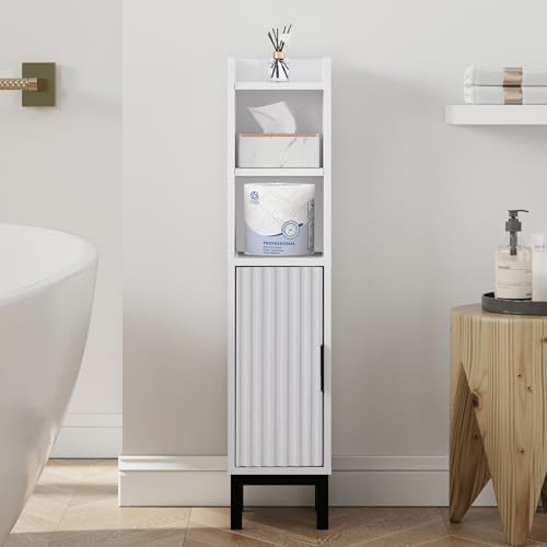 FerniTry Small Bathroom Storage Cabinet, Narrow Corner Floor Cabinet with Door and Shelves for Toilet Paper, Bathroom Organizer with Adjustable Shelf, for Small Spaces (White)
