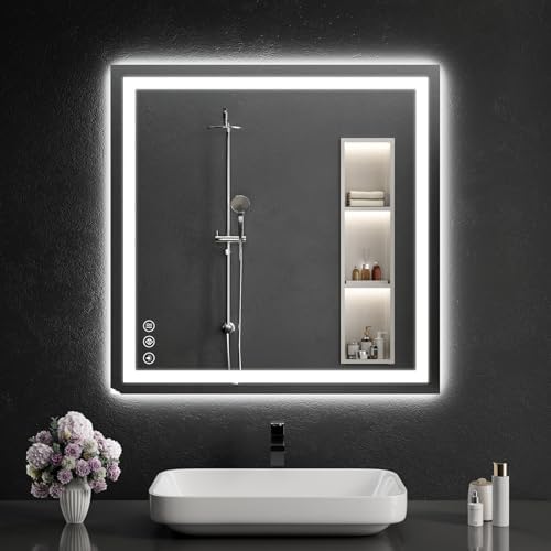 30"x30" LED Bathroom Mirror with Lights, Dimmable，Anti-Fog，Bathroom Vanity Mirror for Wall, Backlit + Front Lit, Memory Function, Shatter-Proof，Tempered Glass