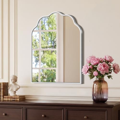 Scalloped Arched Mirror, 18×24Inch Silver Mirror for Bathroom, Wavy Wall Mounted Vanity Mirror with Aluminum Alloy Frame for Livingroom Bedroom and Entryway, Tempered Glass