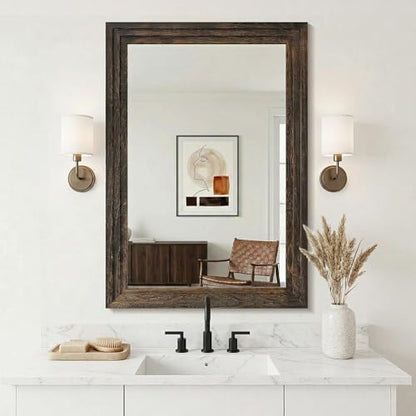 Farmhouse Rustic Wood Framed Bathroom Vanity Mirror for Wall, 26x38, Brown