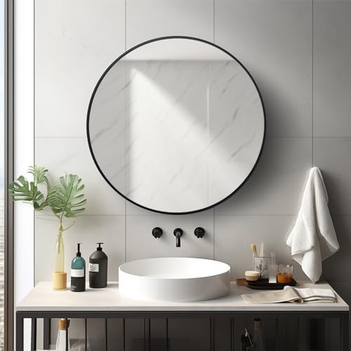 Sunniry Round Mirror 22 inch, Black Circle Mirror, Matte Black Metal Frame