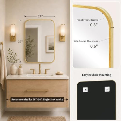 24x36 Inch Brushed Gold Rounded Rectangle Bathroom Vanity Mirror