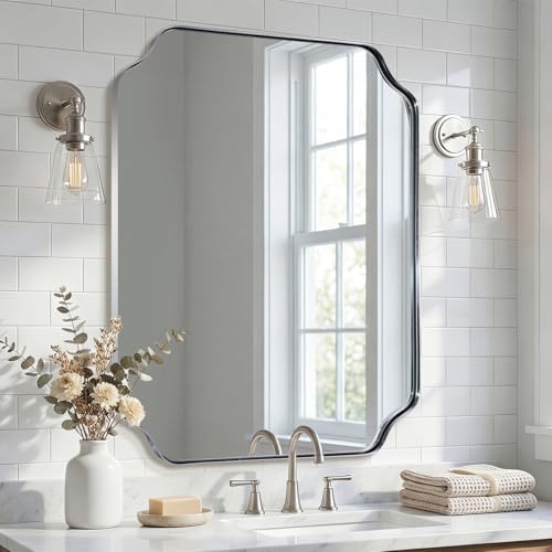 ANDY STAR 24x30 Inch Chrome Bathroom Mirror, Polished Nickel Mirrors for Wall, Modern Scalloped Mirror in Rustproof Stainless Steel Thin Frame, Elegant Scalloped Edge Design, Ideal for Home Remodel