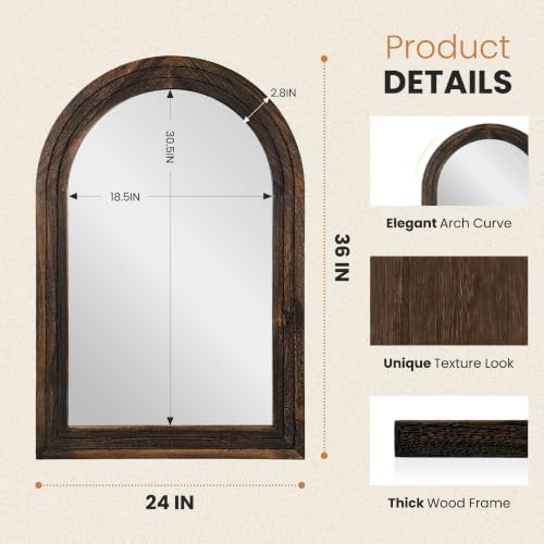 Arched Bathroom Mirror, 36"x24" Brown Wood Frame Wall Mirror