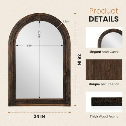 Arched Bathroom Mirror, 36"x24" Brown Wood Frame Wall Mirror