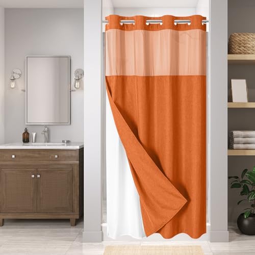 eachope No Hook Fabric Shower Curtain with Snap-in Liner,54x80 Burnt Orange