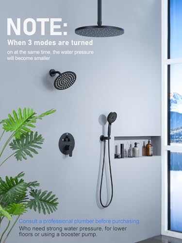 Woindo Shower Faucet Set 10" Rain Shower Head/8'' Side Shower Head and 3 Setting Handheld Ceiling Mount 3 Push Button Diverter Complete Rainfall Round Shower System Included Valve Trim Kit