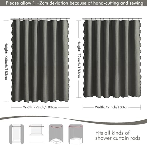 MIULEE 72"x84" Extra Long Scalloped Linen Shower Curtain Charcoal Grey