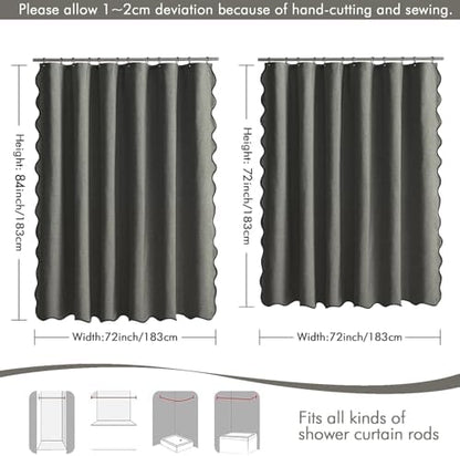 MIULEE 72"x84" Extra Long Scalloped Linen Shower Curtain Charcoal Grey