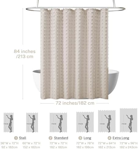 Extra Long Boho Farmhouse Shower Curtain Woven Fabric 84 Inch Natural Shower Curtain, 72 x 84 Tufted Pleat Floral Puffs Textured Modern Minimalist Shower Curtain Set with Hooks for Bathroom