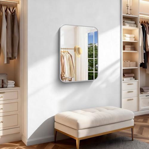 Silver Bathroom Mirror, 18 x 24 Inch Rectangle Mirrors for Wall, Rounded Corner Metal Framed Wall Mounted Mirror for Over Sinks Living Room Bedroom Entryway Hangs Horizontal/Vertical