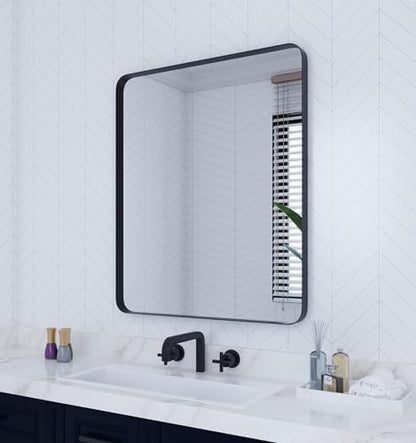 VocalStar 30 x 36 Inch Black Metal Framed Bathroom Mirror for Wall, Rounded Rectangle Metal Framed Bathroom Wall Vanity Mirror Farmhouse, 1/4-inch Shatterproof Glass | Ultra-Flush Hanging