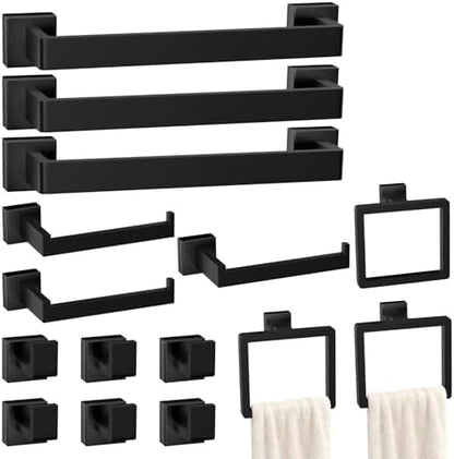 15-Pieces Matte Black Bathroom Accessories Set, 16 Inch Bath Towel Bar Set