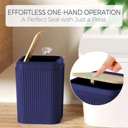 Bathroom Accessories Set - Unbreakable Navy Blue Bathroom Set, Trash Can, Toilet Brush with Holder, Soap Dispenser, Toothbrush and Toothpaste Holder, Tumbler Cup, Soap Dish, Qtip Holder, Bamboo Decor