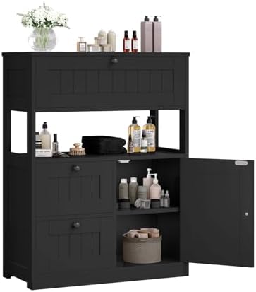 GRUSIGN Storage Cabinet, Modern Bathroom Floor Storage Cabinet Organizer with 1 Door and 3 Drawers, Freestanding Cupboard for Kitchen/Living Room Use
