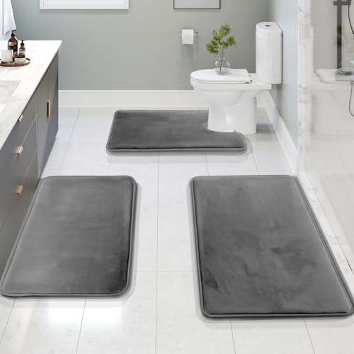 Clara Clark 3 Piece Bathroom Rugs, Velvet Memory Foam Bath Mat Set, Non-Slip Bath Rugs, Machine Wash, Dries Quickly, Ultra Soft Plush Bath Mats for Bathroom, 17 x 24/20 x 32 / Contour, Grey