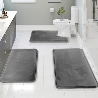 Clara Clark 3 Piece Bathroom Rugs, Velvet Memory Foam Bath Mat Set, Non-Slip Bath Rugs, Machine Wash, Dries Quickly, Ultra Soft Plush Bath Mats for Bathroom, 17 x 24/20 x 32 / Contour, Grey