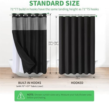 eachope No Hook Linen Texture Shower Curtain with Snap-in Liner,71x74 Black