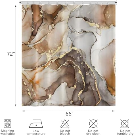 Brown Marble Shower Curtain, Modern Abstract Luxury Brown Gold Ink Texture Watercolor Art Bathroom Curtains Ombre Machine Washable Waterproof Fabric Bathtub Curtain Set with Hooks 66" Wx72 L