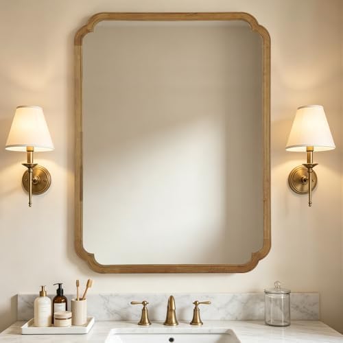 WallBeyond 36" x 48" Wood Bathroom Mirror for Wall Mounted, Rustic Rounded Corner Wood Frame Wall Mirror for Entryway, Living Room or Bedroom Home Decorative, Natural
