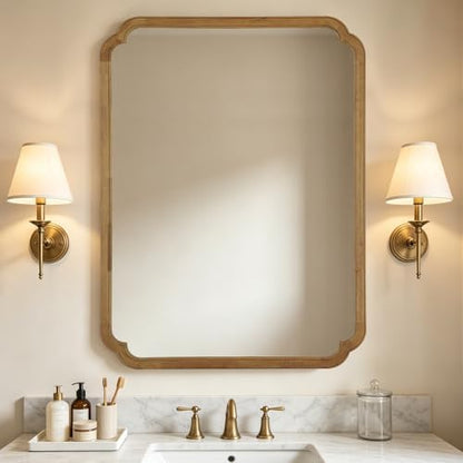 WallBeyond 36" x 48" Wood Bathroom Mirror for Wall Mounted, Rustic Rounded Corner Wood Frame Wall Mirror for Entryway, Living Room or Bedroom Home Decorative, Natural