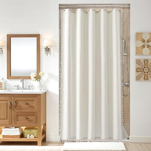 Nanspring Stall Natural Boho Linen Shower Curtain Vintage Country Textured Tassel Shower Curtain Set with Hooks 54 Inches Wide Modern Neutral Farmhouse Cottage Curtain for Bathroom 54x78, Cream