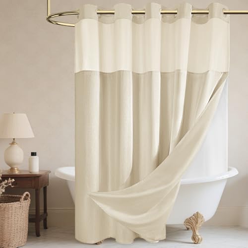 WONICY No Hook Shower Curtain with Snap-in Liner, Cream, 71 x 77