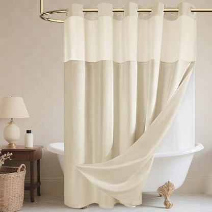 WONICY No Hook Shower Curtain with Snap-in Liner, Cream, 71 x 77