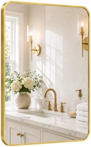 24x36 Inch Brushed Gold Rounded Rectangle Bathroom Vanity Mirror