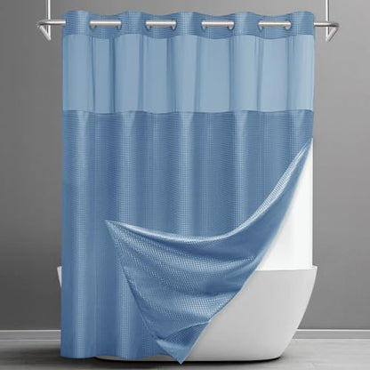 No Hook Waffle Shower Curtain with Snap in Liner Set, 71x74, Sky Blue