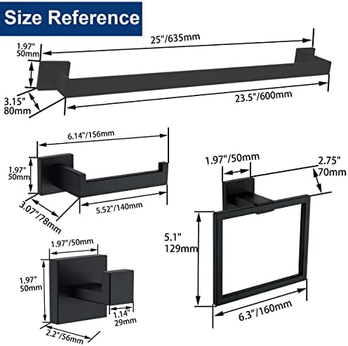 5 Pieces Bathroom Hardware Accessories Set Matte Black, 24Inch Square Towel Racks Set for Bathroom, SUS304 Stainless Steel Towel Bar Set, Bath Accessories Sets Wall Mounted