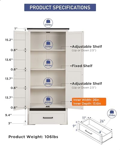 JXQTLINGMU Farmhouse Kitchen Pantry Cabinet - 72" Tall Wood Kitchen Storage Cabinets with Adjustable Shelves & 2 Barn Style Doors & Drawer, Versatile Storage for Dining Room, Bathroom, Antique White