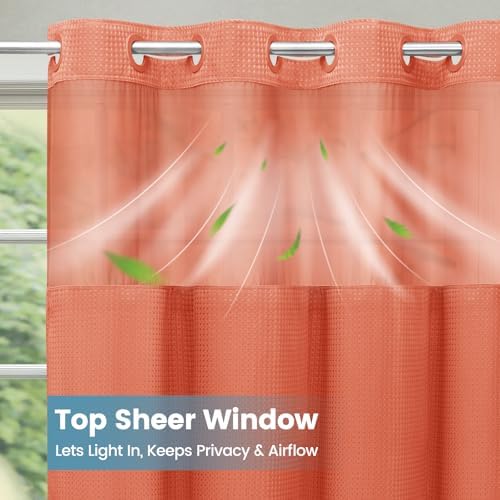 SORTTO No Hook Waffle Shower Curtain with Snap in Liner Set, 71x74, Coral