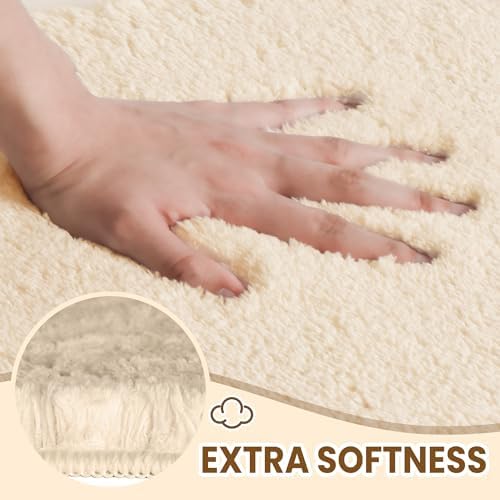 TECHMILLY Shaggy Bathroom Rug Mat 32x20, Absorbent Thick Non Slip Microfiber Mats, Quick Dry Machine Washable Bath Rug for Bathroom Floor, Bathtub and Shower, Cream