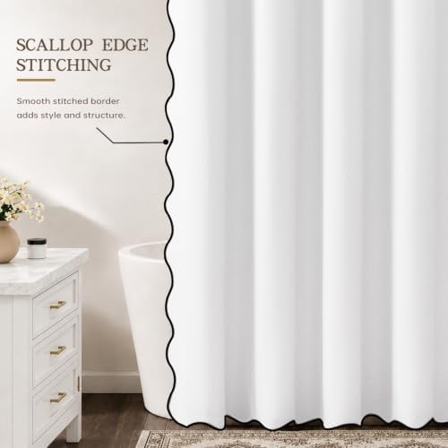 Furlinic No Hook Scalloped White Shower Curtain Linen Waterproof Boho 48x75