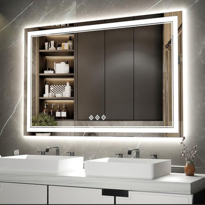 LED Bathroom Mirror, 48x32 Inch Gradient Front and Backlight Lighted Vanity Mirror, 3 Colors Dimmable CRI>90 Double Lights, IP54 Enhanced Anti-Fog, Hanging Plate Wall Mount LED Light Mirror