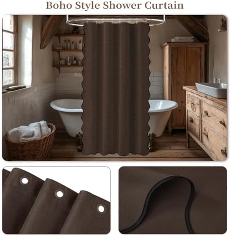 BTTN 48x72 Boho Scalloped Linen Textured Cloth Shower Curtain Set, Brown