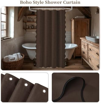 BTTN 48x72 Boho Scalloped Linen Textured Cloth Shower Curtain Set, Brown