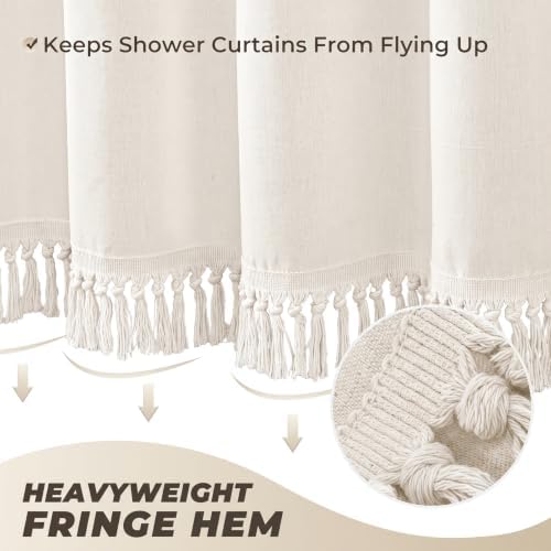 Linen Shower Curtain Boho Cream Shower Curtain with Tassels 60"L x 72"L