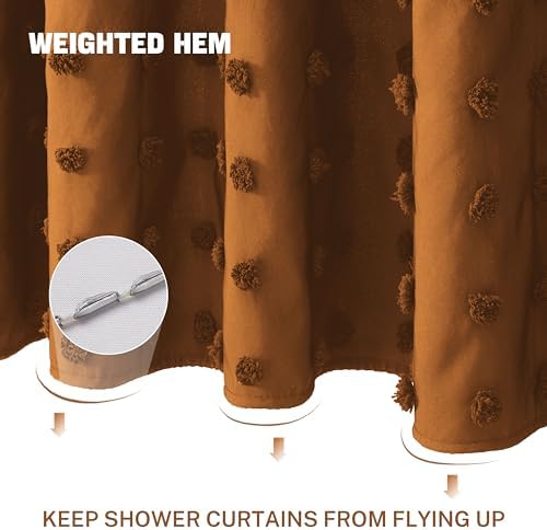 Extra Long Boho Farmhouse Shower Curtain Woven Fabric 84 Inch Pumpkin Orange Shower Curtain, 72 x 84 Tufted Pleat Floral Puffs Textured Modern Minimalist Shower Curtain Set with Hooks for Bathroom