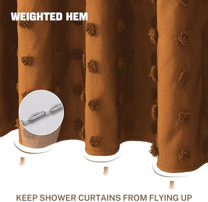 Extra Long Boho Farmhouse Shower Curtain Woven Fabric 84 Inch Pumpkin Orange Shower Curtain, 72 x 84 Tufted Pleat Floral Puffs Textured Modern Minimalist Shower Curtain Set with Hooks for Bathroom