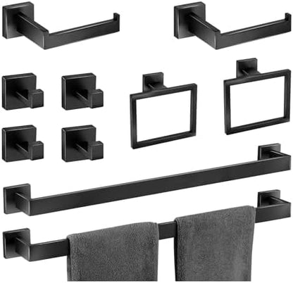 Bathroom Hardware Accessories Set 10 Pieces Matte Black Towel Bar Set 24 Inch, Towel Rack Rings Stainless Steel Bath Coat Hooks Wall Mounted Toilet Paper Holder