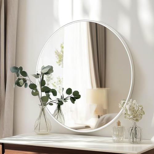 Oruii Large Round Mirror, 30 inch White Circle Mirror, White Metal Frame